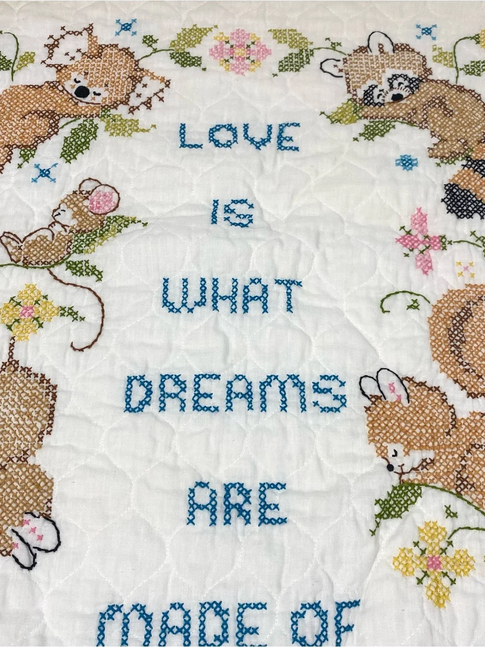 Vintage Cross Stitched Baby Quilt Animal Blanket Raccoon Squirrel